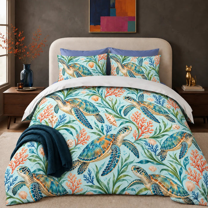 Summer Aqua Sea Turtle comforter set — watercolor teal sea turtles with orange coral, blue coral and seagrass on pale aqua