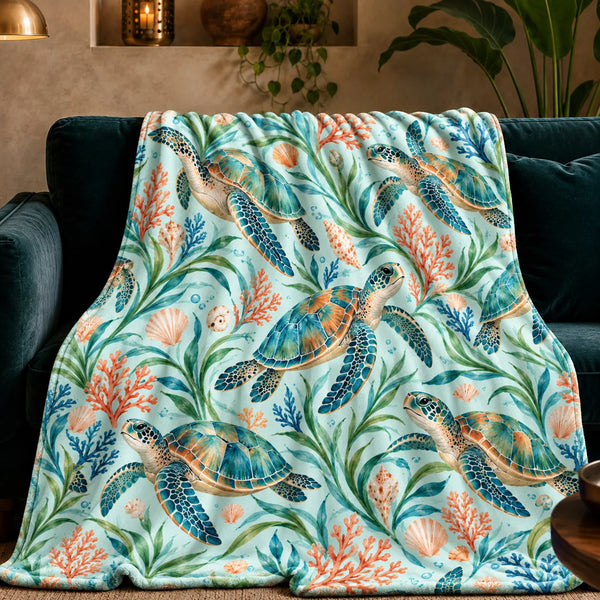Summer Aqua Sea Turtle fleece throw blanket — watercolor teal sea turtles with orange coral, blue coral and seagrass on pale aqua
