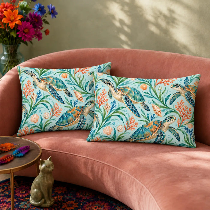 Summer Aqua Sea Turtle pillowcase set — watercolor teal sea turtles with orange coral, blue coral and seagrass on pale aqua