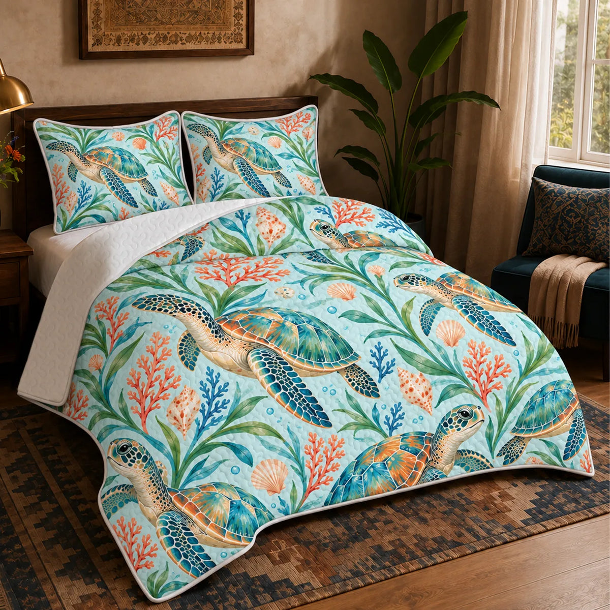 Summer Aqua Sea Turtle quilt set — watercolor teal sea turtles with orange coral, blue coral and seagrass on pale aqua