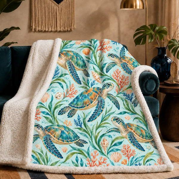 Summer Aqua Sea Turtle sherpa blanket — watercolor teal sea turtles with orange coral, blue coral and seagrass on pale aqua