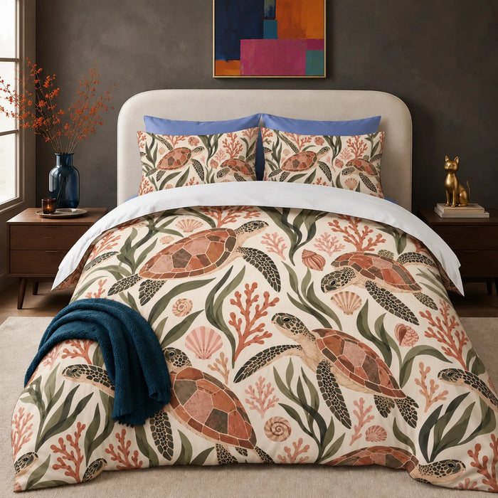 Terracotta Modern Sea Turtle comforter set — terracotta mosaic-shelled sea turtles with olive leaves, coral and shells on cream