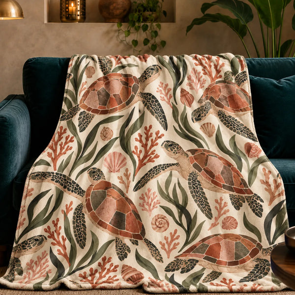 Terracotta Modern Sea Turtle fleece throw blanket — terracotta mosaic-shelled sea turtles with olive leaves, coral and shells on cream