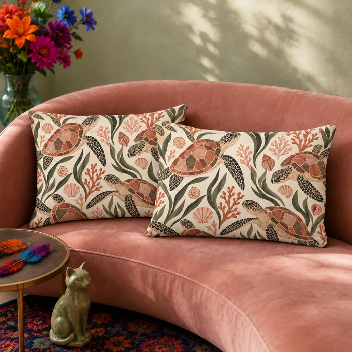 Terracotta Modern Sea Turtle pillowcase set — terracotta mosaic-shelled sea turtles with olive leaves, coral and shells on cream