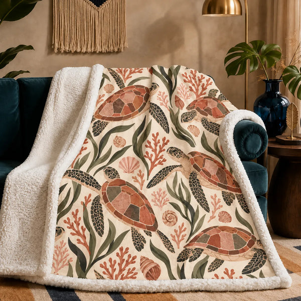 Terracotta Modern Sea Turtle sherpa blanket — terracotta mosaic-shelled sea turtles with olive leaves, coral and shells on cream