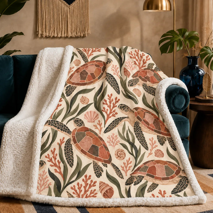 Terracotta Modern Sea Turtle sherpa blanket — terracotta mosaic-shelled sea turtles with olive leaves, coral and shells on cream