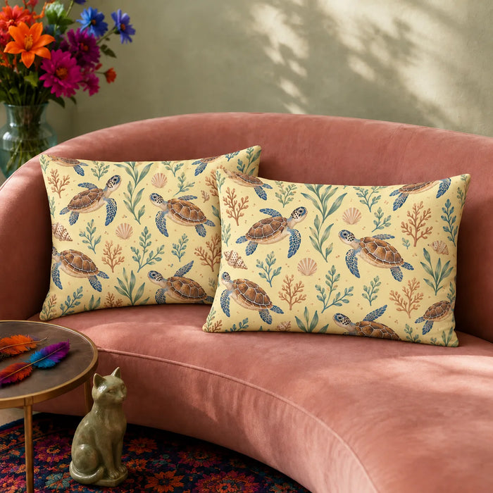 Tiny Ditsy Sea Turtle pillowcase set — small brown sea turtles with sage sprigs, rust coral and shells on butter yellow