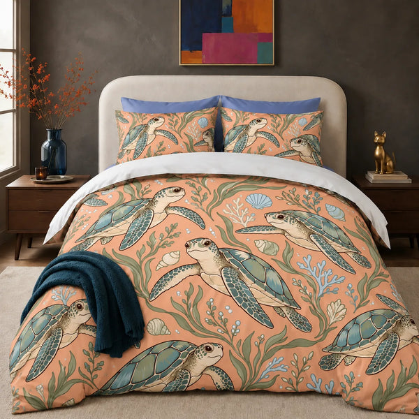 Whimsical Contour Sea Turtle comforter set — big-eyed cartoon sea turtles with blue-green shells, seagrass and blue coral on apricot