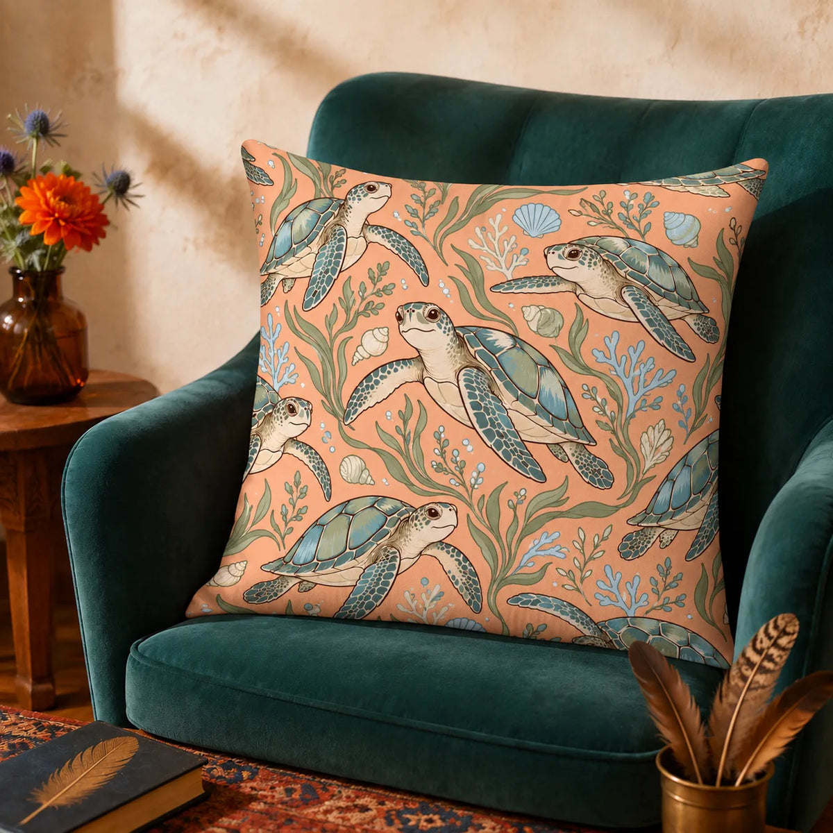 Whimsical Contour Sea Turtle cushion cover set — big-eyed cartoon sea turtles with blue-green shells, seagrass and blue coral on apricot