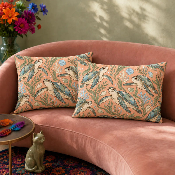Whimsical Contour Sea Turtle pillowcase set — big-eyed cartoon sea turtles with blue-green shells, seagrass and blue coral on apricot
