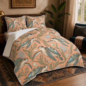 Whimsical Contour Sea Turtle quilt set — big-eyed cartoon sea turtles with blue-green shells, seagrass and blue coral on apricot