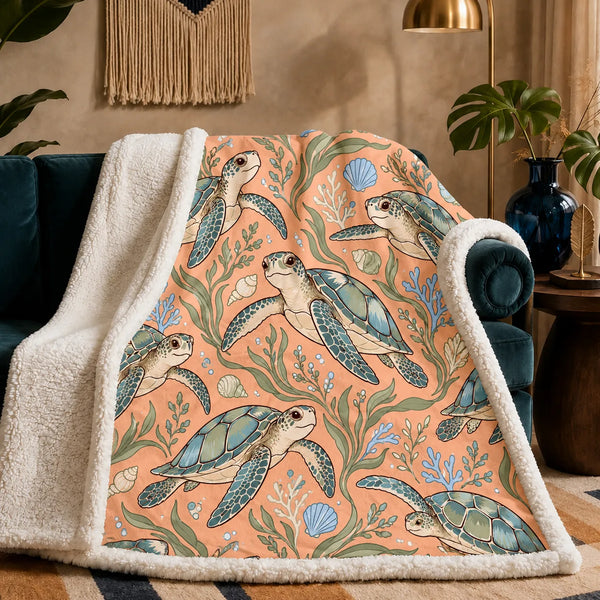 Whimsical Contour Sea Turtle sherpa blanket — big-eyed cartoon sea turtles with blue-green shells, seagrass and blue coral on apricot