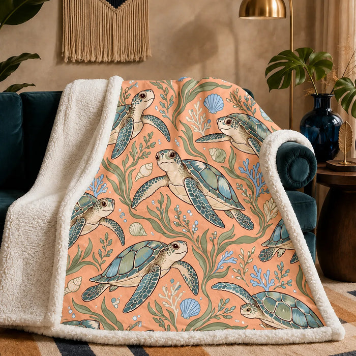 Whimsical Contour Sea Turtle sherpa blanket — big-eyed cartoon sea turtles with blue-green shells, seagrass and blue coral on apricot