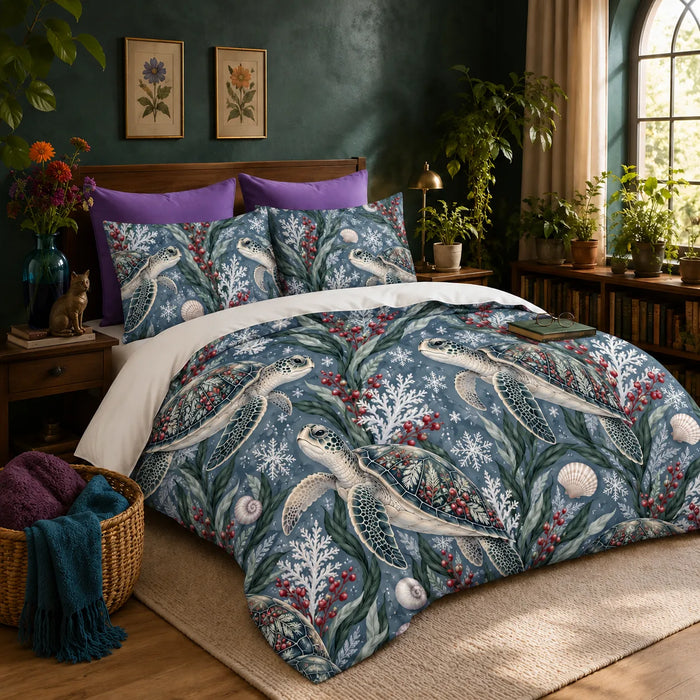 Winter Garden Sea Turtle duvet cover set — ivory sea turtles with red berry sprigs, white coral, shells and snowflakes on slate blue