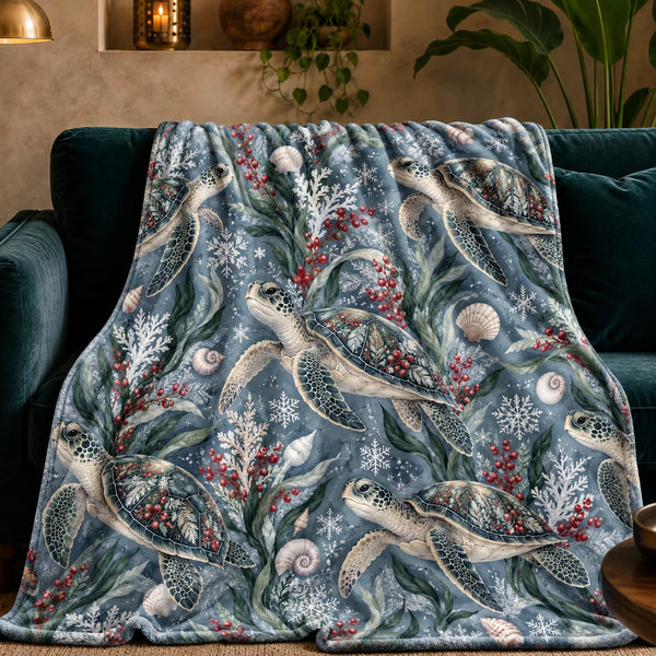 Winter Garden Sea Turtle fleece throw blanket — ivory sea turtles with red berry sprigs, white coral, shells and snowflakes on slate blue