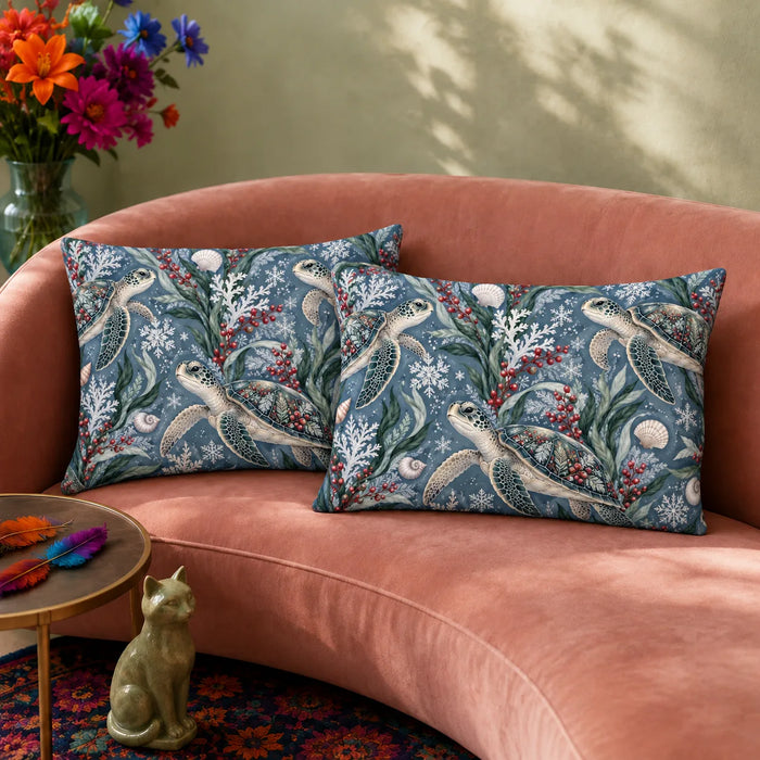 Winter Garden Sea Turtle pillowcase set — ivory sea turtles with red berry sprigs, white coral, shells and snowflakes on slate blue