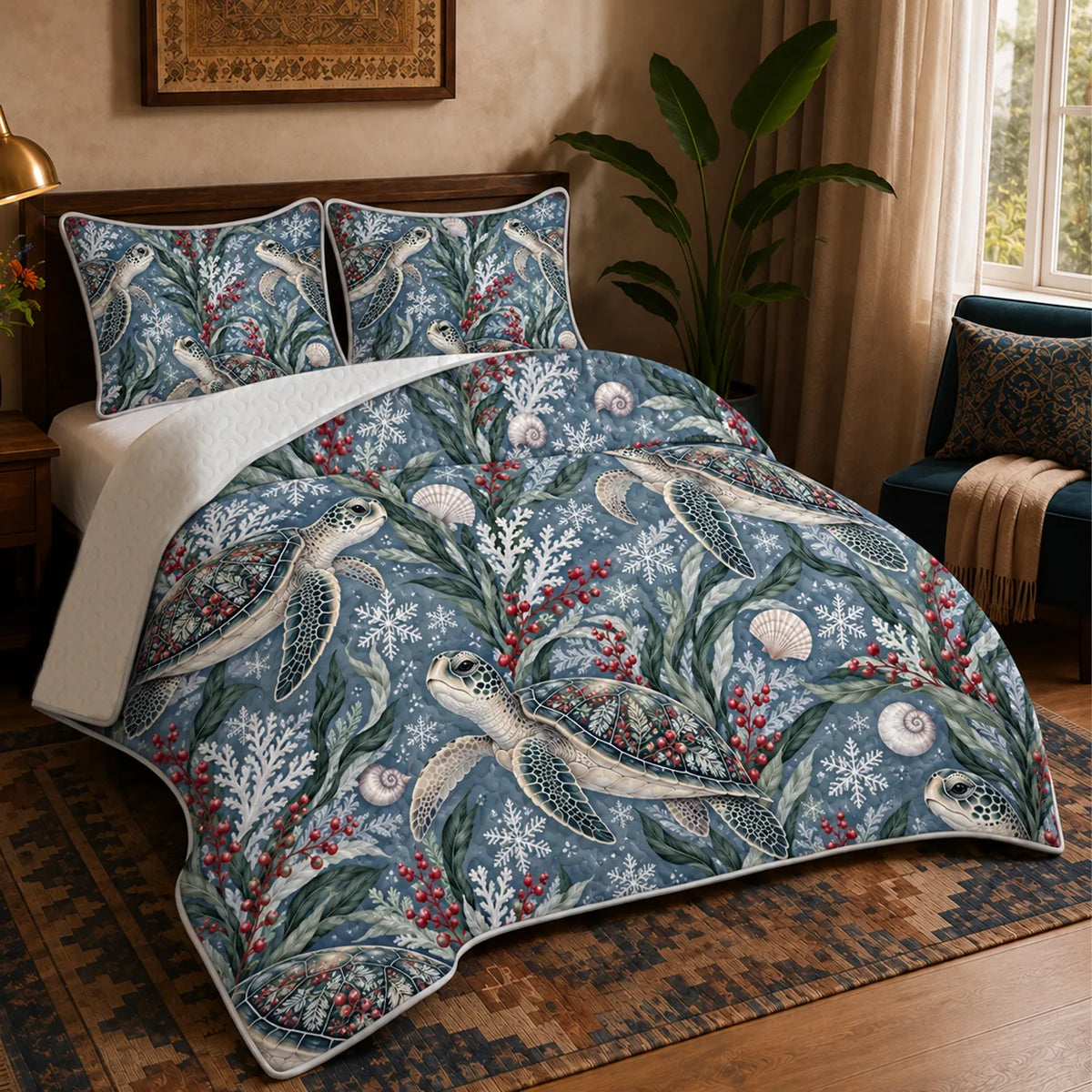 Winter Garden Sea Turtle quilt set — ivory sea turtles with red berry sprigs, white coral, shells and snowflakes on slate blue