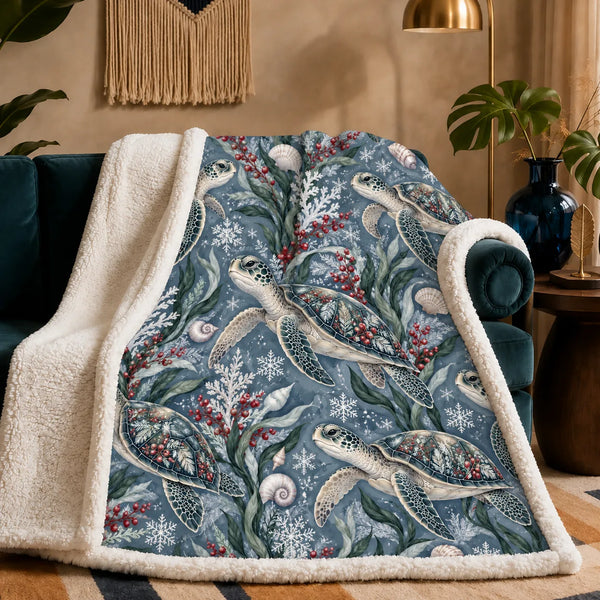 Winter Garden Sea Turtle sherpa blanket — ivory sea turtles with red berry sprigs, white coral, shells and snowflakes on slate blue