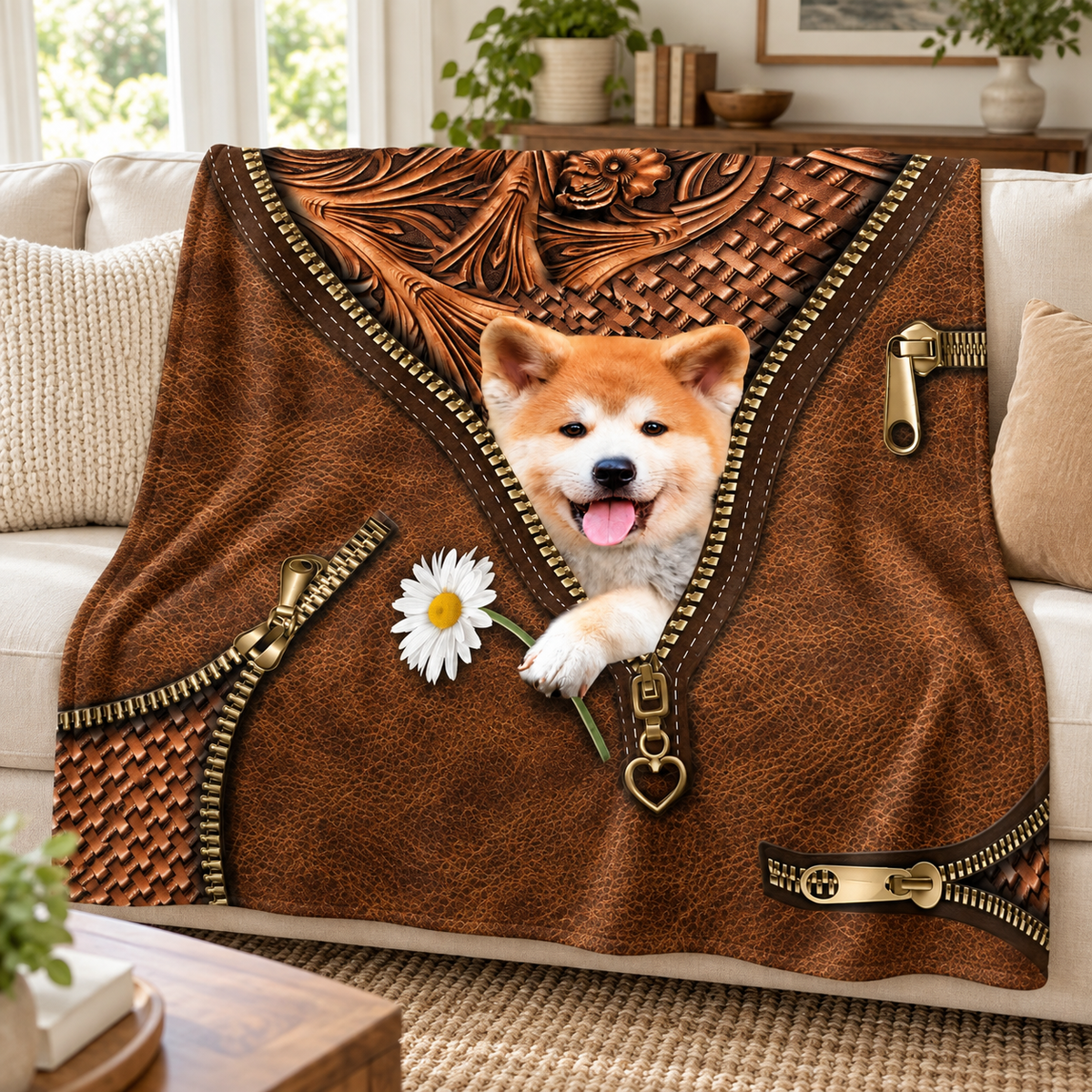 Shiba Inu leather zip print flannel blanket draped over a sofa