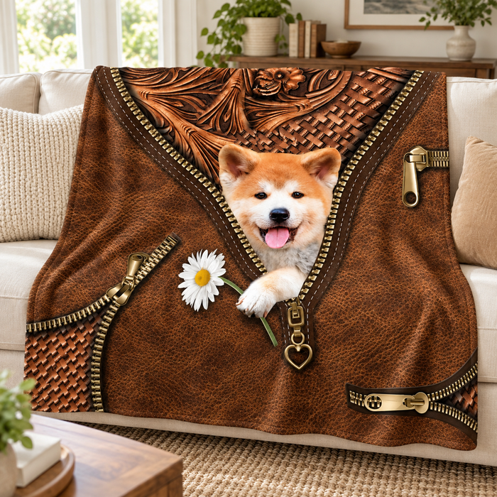 Shiba Inu leather zip print flannel blanket draped over a sofa