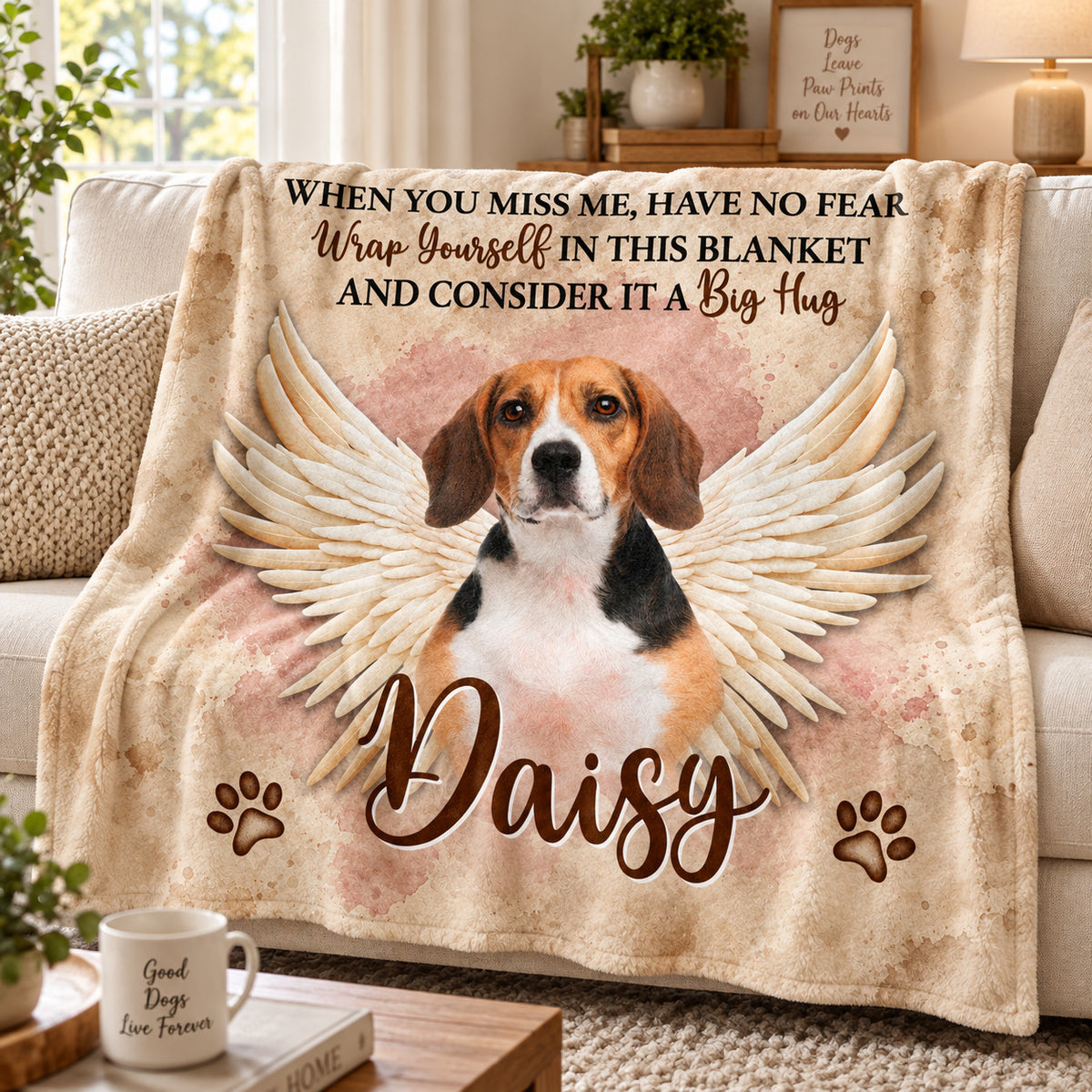 Soft wings pet memorial blanket in blush with photo and name, on a sofa