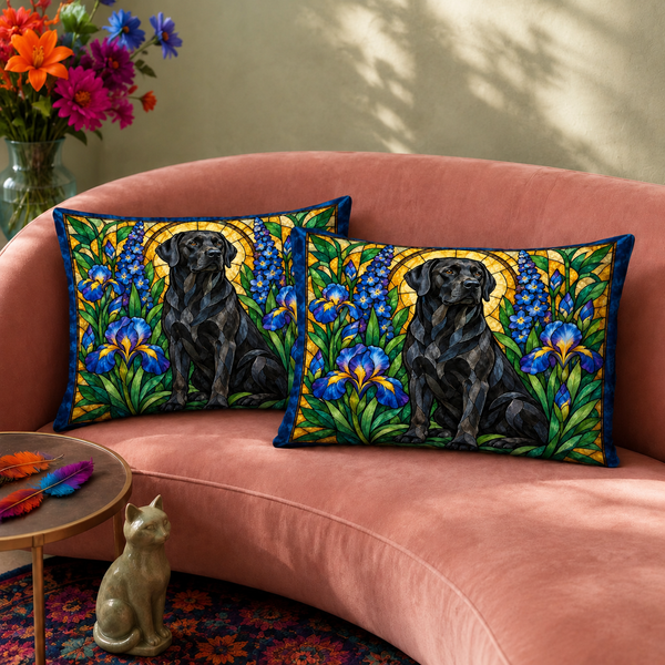 Stained Glass Black Labrador pillowcase set, two matching pillowcases on a sofa