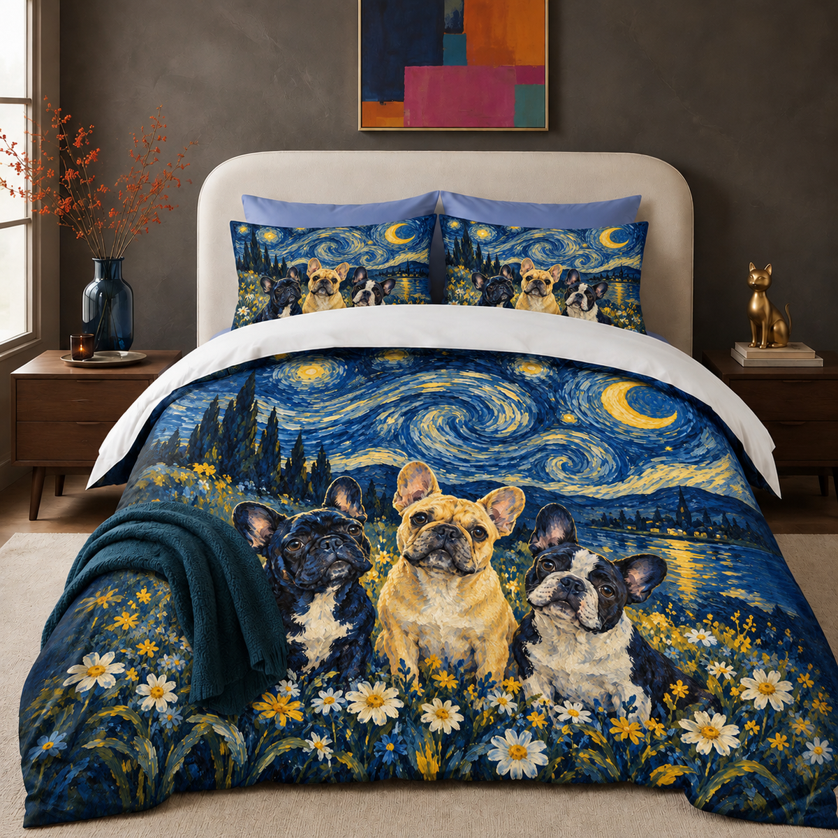 Starry Night French Bulldogs comforter set — three French Bulldogs in a daisy field under a swirling starry night sky