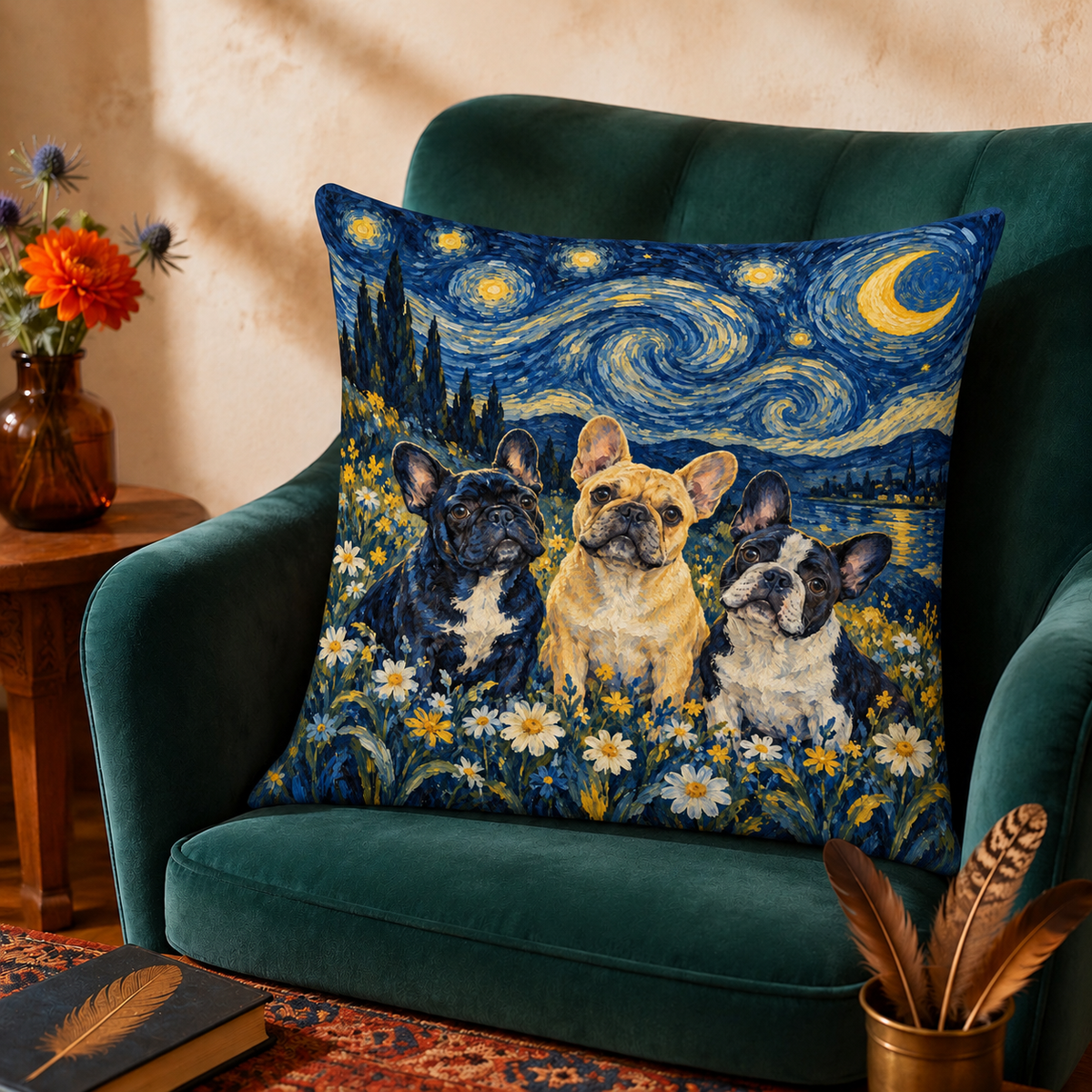 Starry Night French Bulldogs cushion cover set — three French Bulldogs in a daisy field under a swirling starry night sky