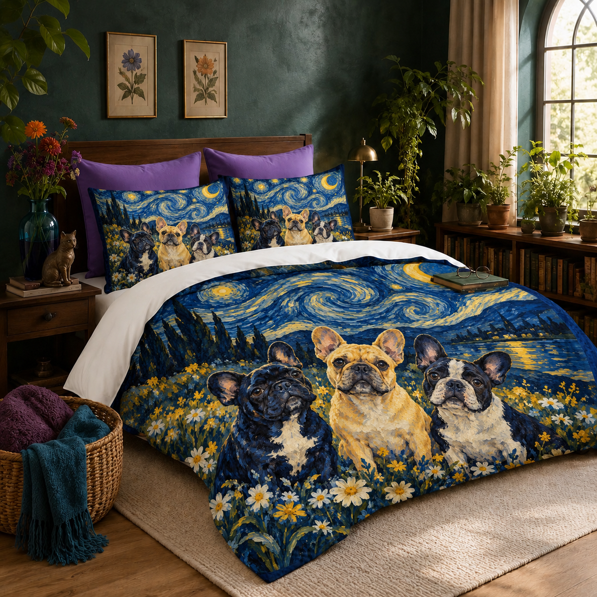 Starry Night French Bulldogs duvet cover set — three French Bulldogs in a daisy field under a swirling starry night sky