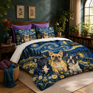 Starry Night French Bulldogs duvet cover set — three French Bulldogs in a daisy field under a swirling starry night sky