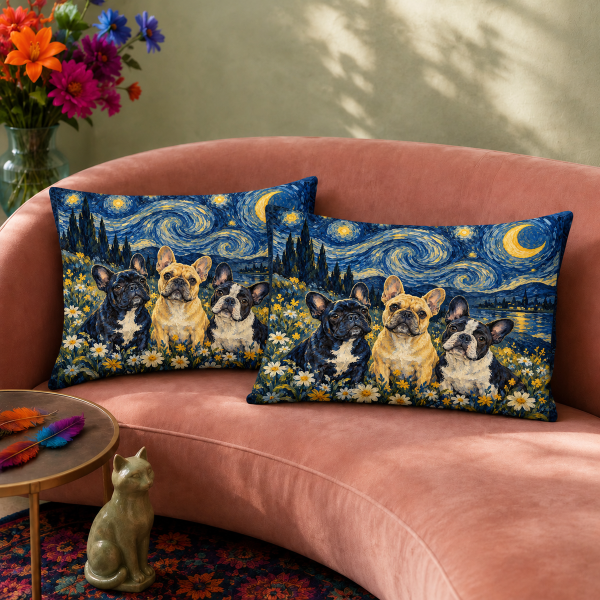 Starry Night French Bulldogs pillowcase set — three French Bulldogs in a daisy field under a swirling starry night sky