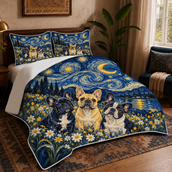 Starry Night French Bulldogs quilt set — three French Bulldogs in a daisy field under a swirling starry night sky