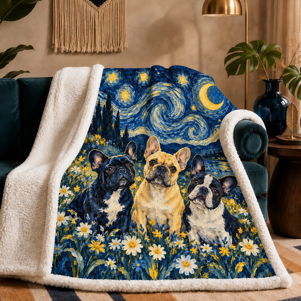 Starry Night French Bulldogs sherpa blanket — three French Bulldogs in a daisy field under a swirling starry night sky