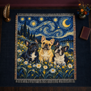 Starry Night French Bulldogs woven throw blanket — three French Bulldogs in a daisy field under a swirling starry night sky