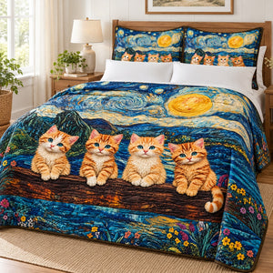 Starry Night Ginger Kittens quilt set – quilt and two matching shams on a queen bed in a bright neutral bedroom