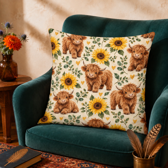 Sunflower Highland Cow cushion cover on a green velvet armchair