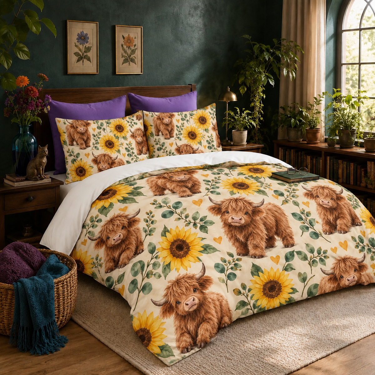 Sunflower Highland Cow duvet cover set on a made bed with two matching shams in a green bedroom