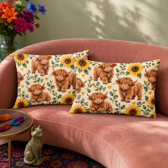 Two Sunflower Highland Cow pillowcases resting on a pink sofa