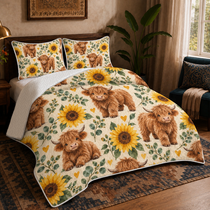 Sunflower Highland Cow quilt set on a made bed with two matching shams - watercolour highland cow calves and golden sunflowers on cream