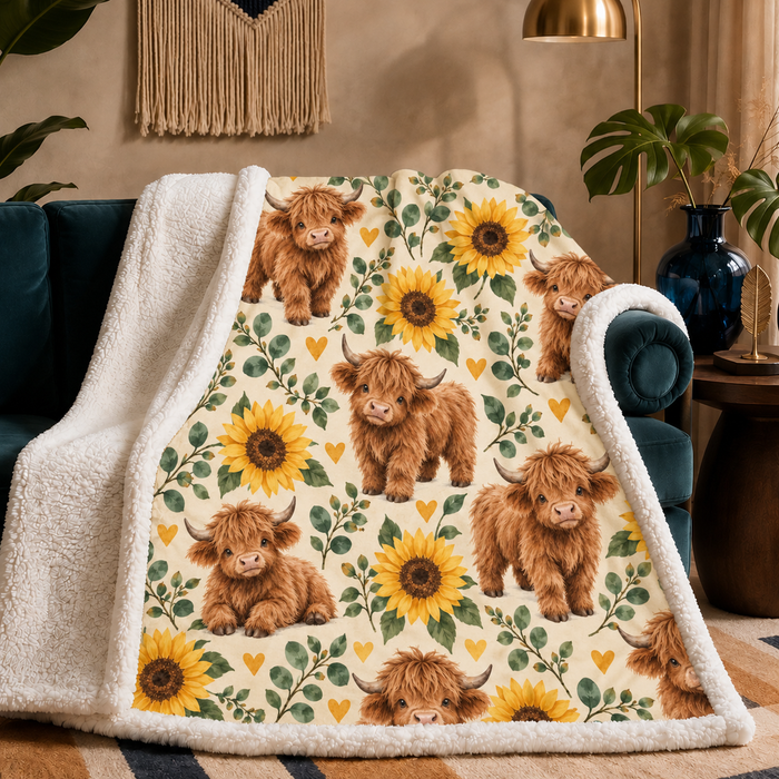 Sunflower Highland Cow sherpa blanket folded over a sofa, printed face with plush cream sherpa reverse