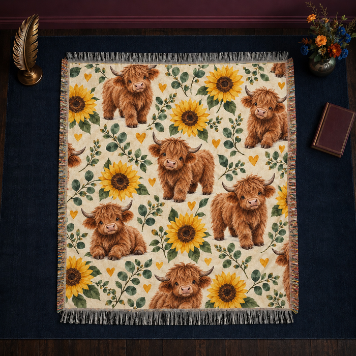 Sunflower Highland Cow woven throw blanket laid flat, knotted fringe on all four sides