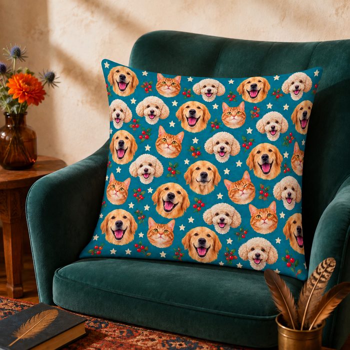 Teal Pet Face Repeat cushion cover on an armchair. One face, printed over and over on deep teal.