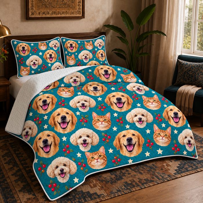 Teal Pet Face Repeat quilt set on a made bed — quilt with two matching pillow shams. One face, printed over and over on deep teal.