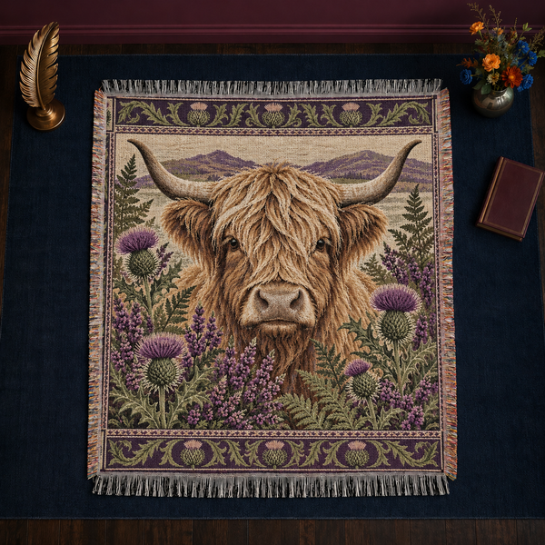 Thistle Highland Cow woven throw blanket with knotted fringe on all four sides