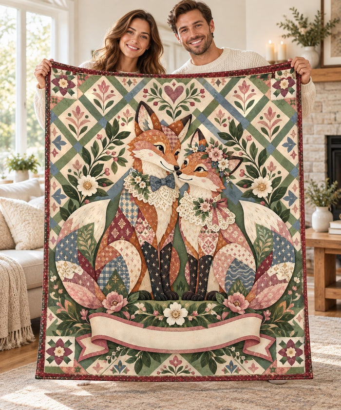 Couple holding open the Vintage Lace Fox personalised couple name sherpa blanket