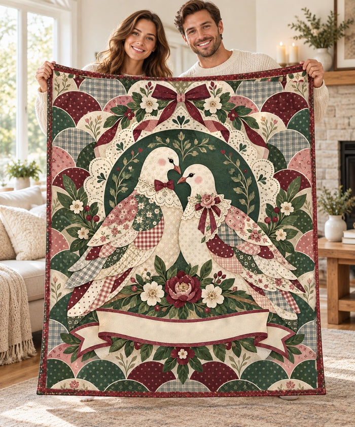Couple holding open the Vintage Lace Lovebird personalised couple name sherpa blanket