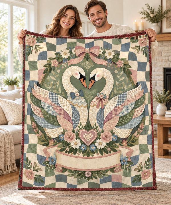 Couple holding open the Vintage Lace Swan personalised couple name sherpa blanket