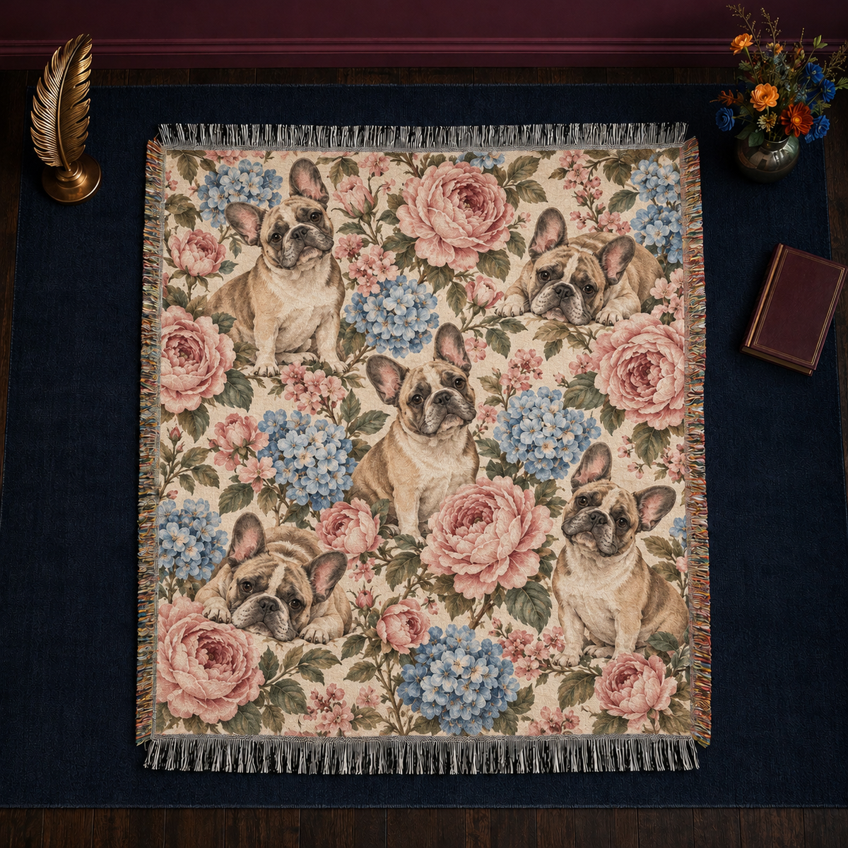 Vintage Rose French Bulldog woven throw blanket laid flat with knotted fringe on all four sides