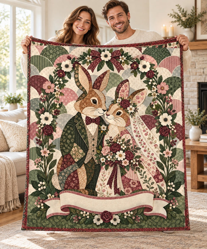 Couple holding open the Wildflower Wedding Bunny personalised couple name sherpa blanket