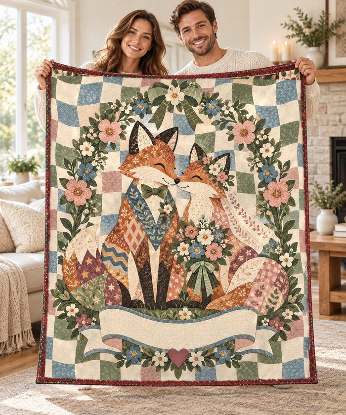 Couple holding open the Wildflower Wedding Fox personalised couple name sherpa blanket